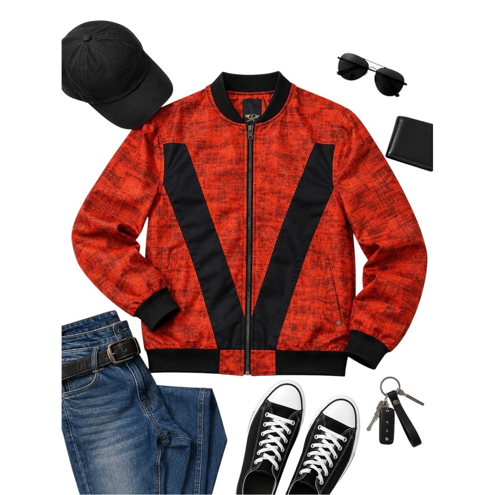 Platini Orange Red Black Textured Bomber Jacket Men's Large Full Zip Streetwear